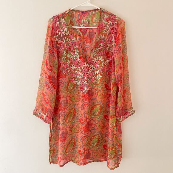 Raj 100% Silk Sheer Tunic Top Boho Paisley Embroidered Beach Cover Up Medium - Picture 1 of 6